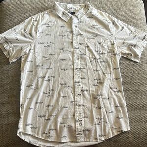 Mens White Button Down Shirt, Size XL. Grey Bass Fish Pattern